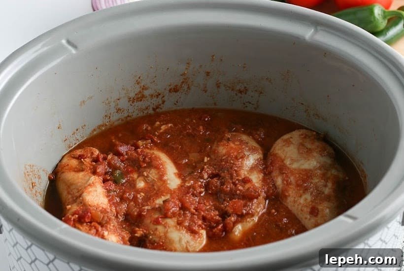 Crockpot filled with cooked chicken and salsa.