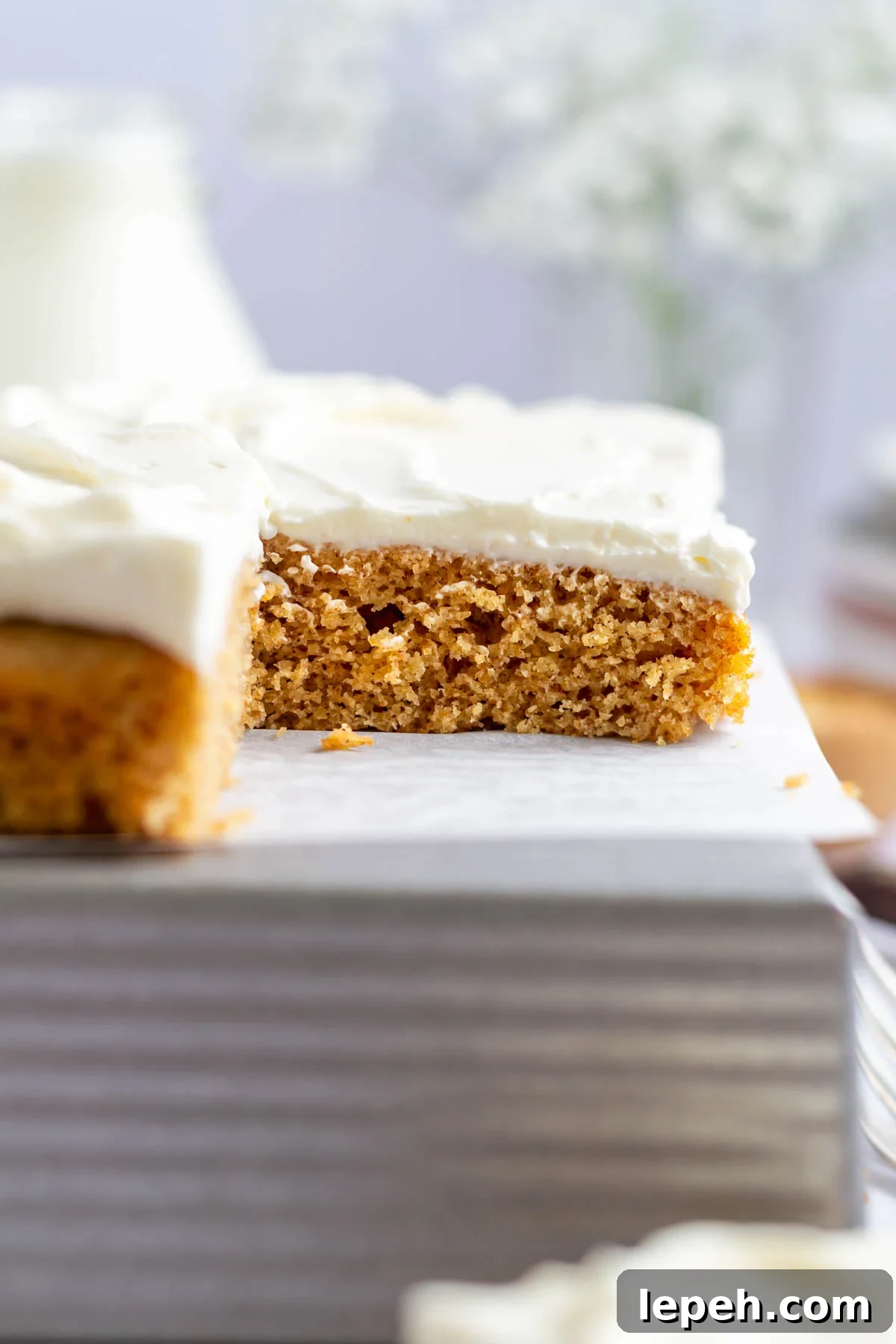 graham cracker cake slice sitting on parchment lined cake tin