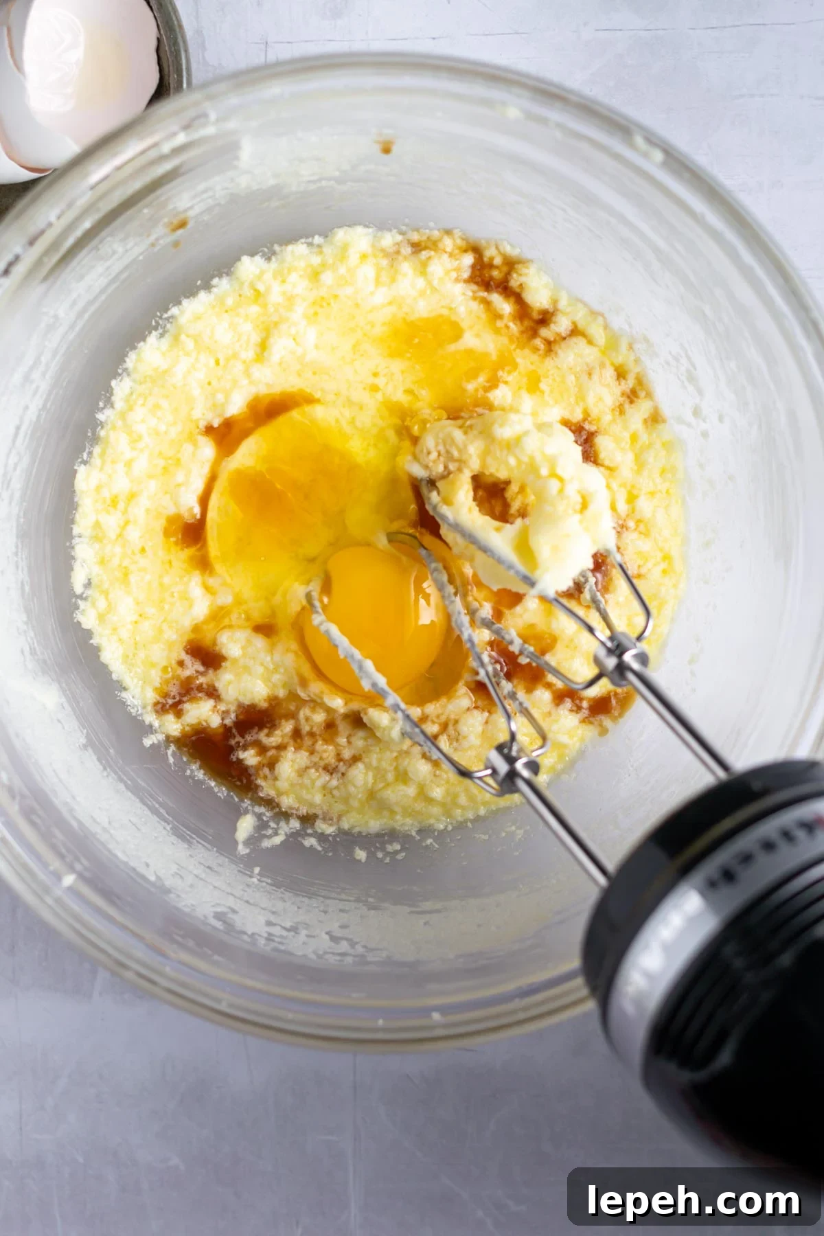 second egg and vanilla added to creamed butter and sugar