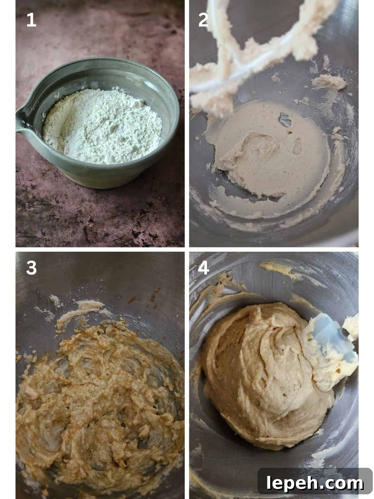 A four image collage showing instructions for mixing cake batter.