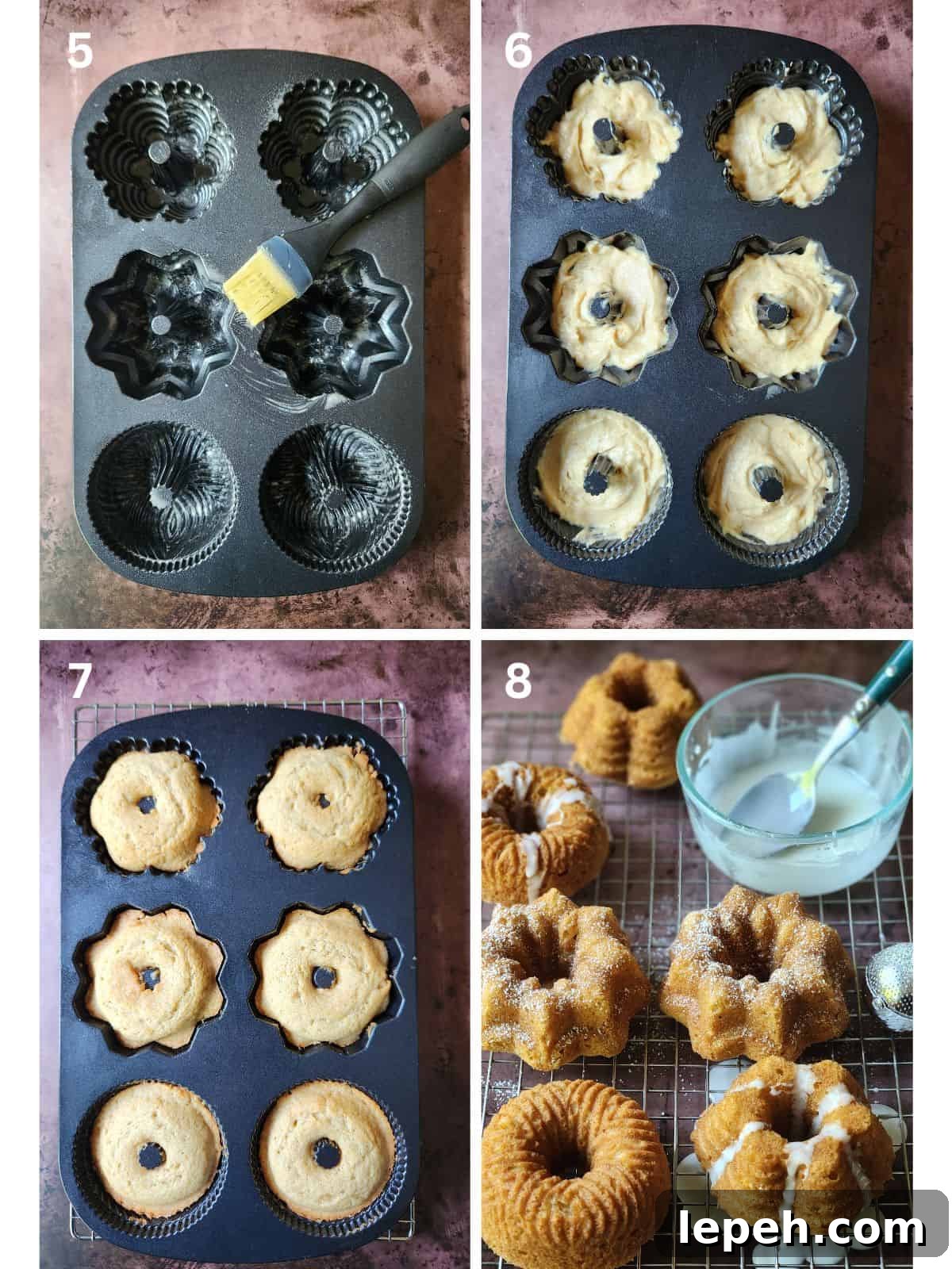 A four image collage showing how to fill mini bundt pans with batter.