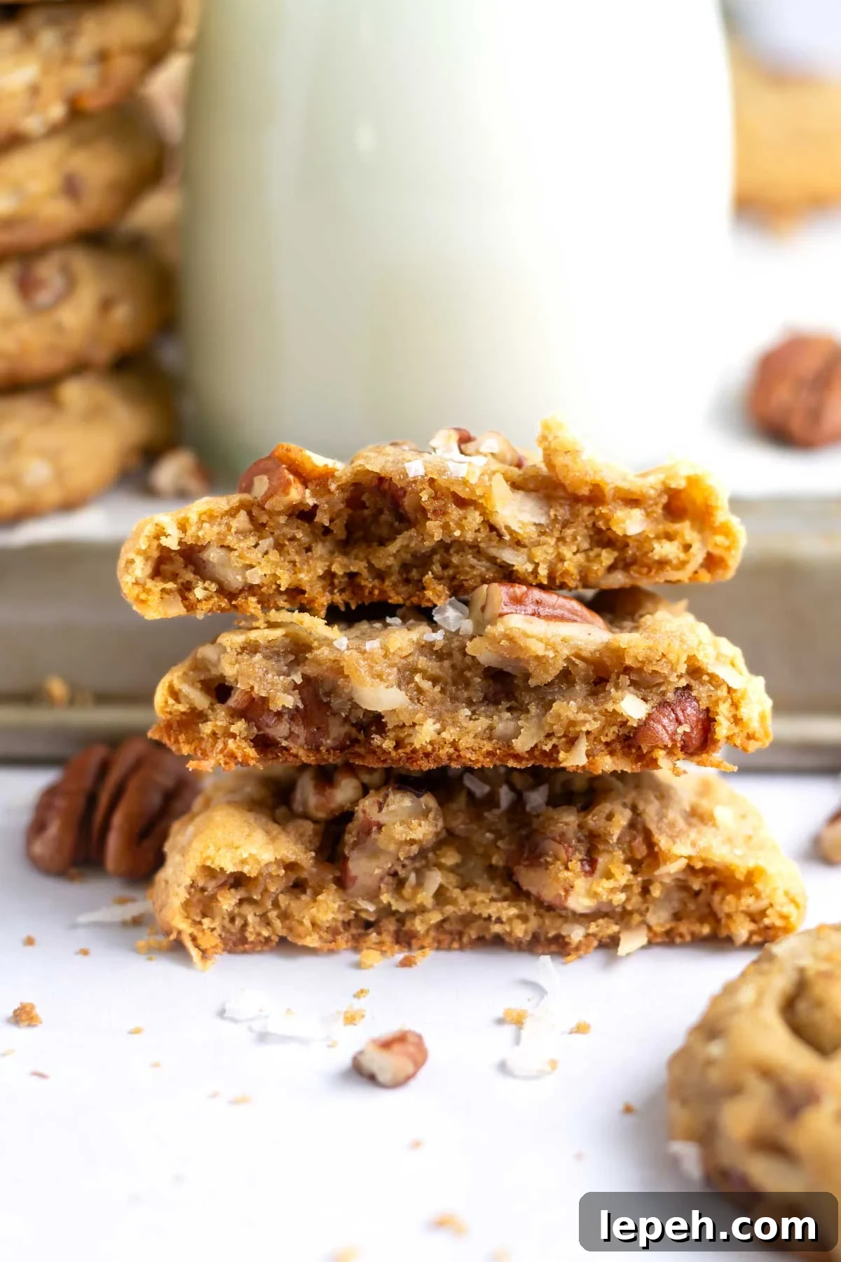 three half cookies showing chewy interior