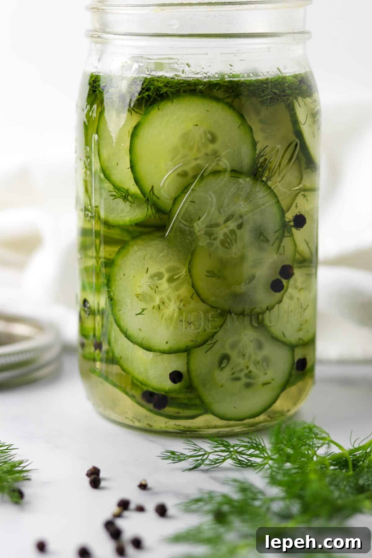 Quick Swedish Pickled Cucumbers in a jar next to peppercorns and fresh dill sprigs.