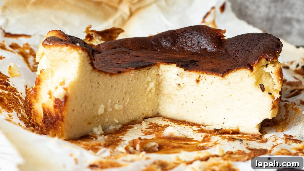 Basque cheesecake with slices cut out