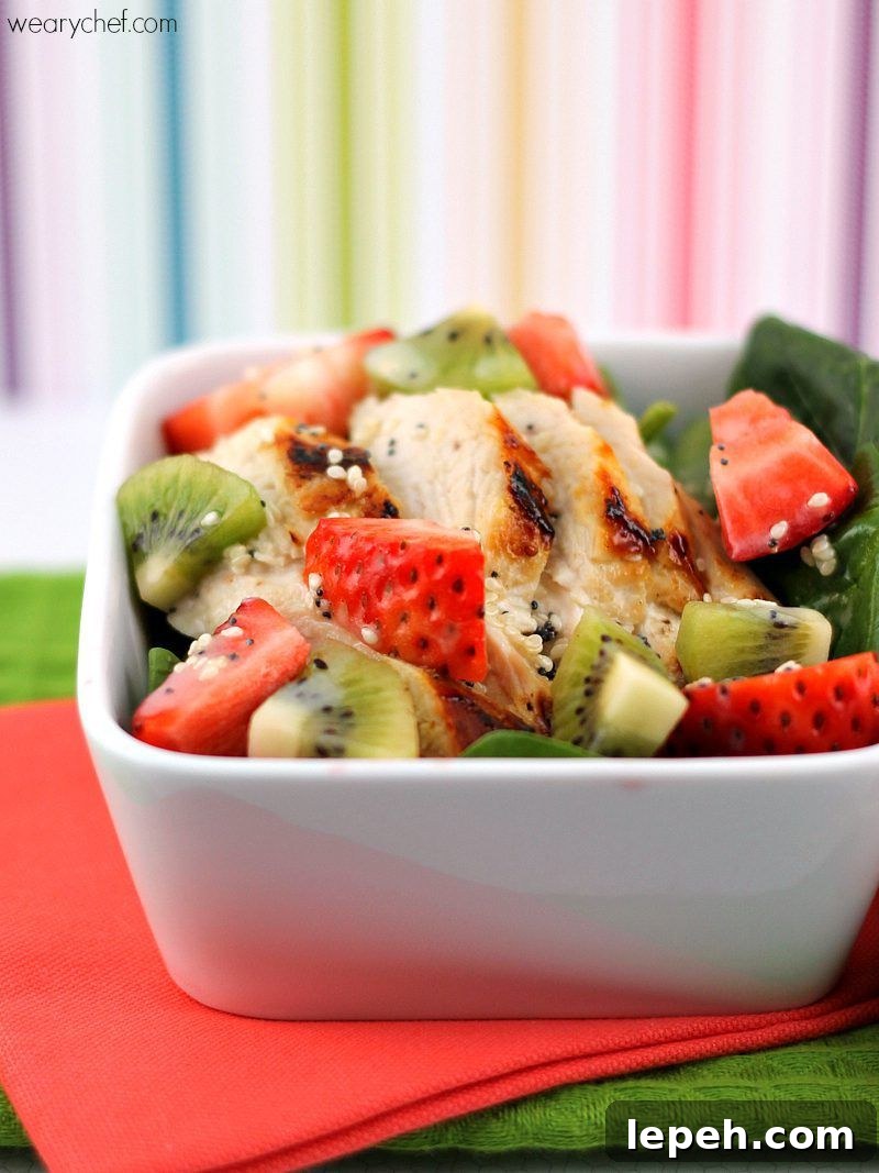 Strawberry Spinach Salad with Chicken and Kiwi - A light, healthy, delicious dinner!