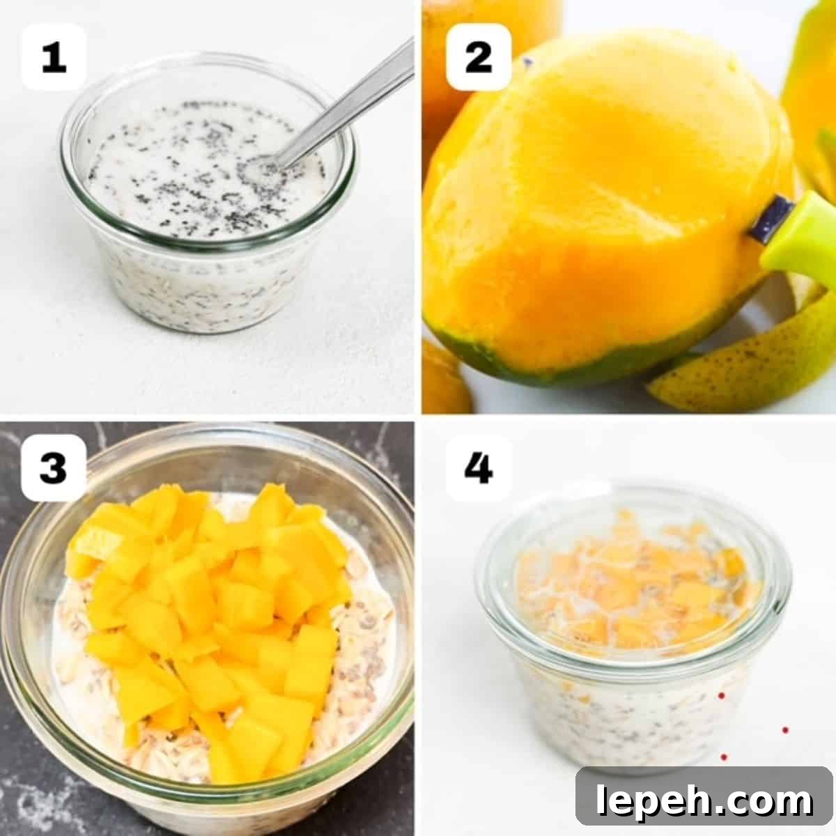 A collage with four numbered images showing how to make overnight oats with mango.