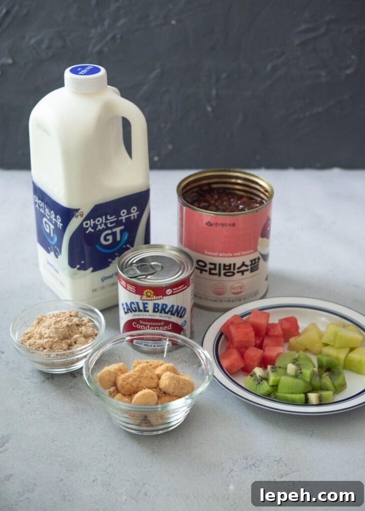 Ingredients for making patbingsu (Korean shaved ice).