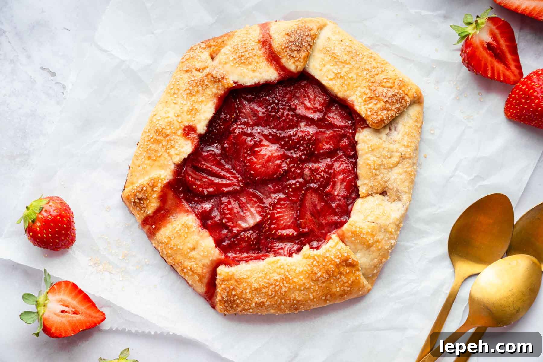 Freshly baked strawberry galette with two spoons on side.