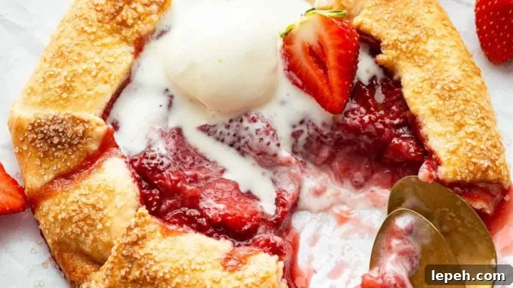 Strawberry galette with a scoop of melting ice cream on top.