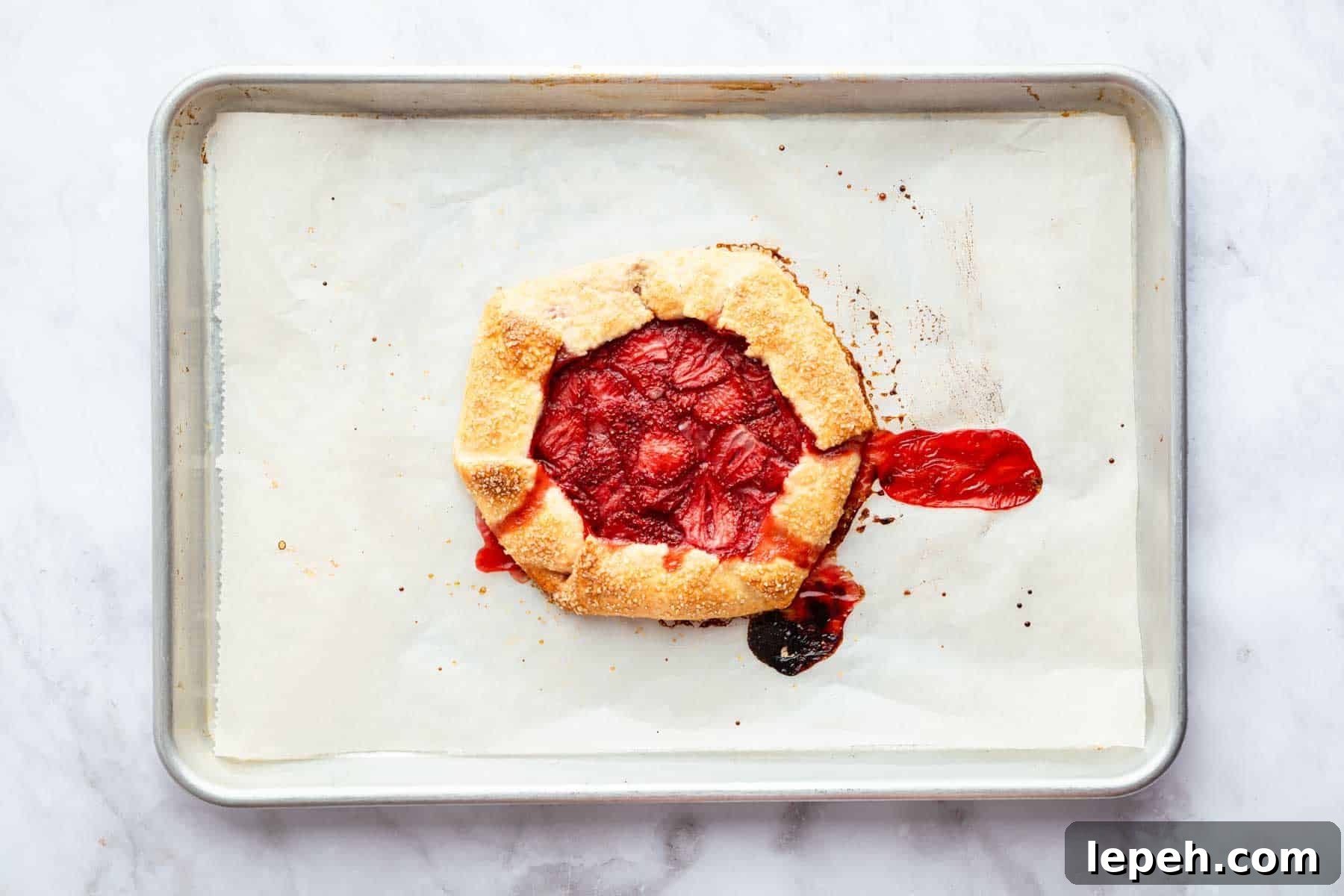Baked strawberry galette on baking sheet with fresh juices leaking out.