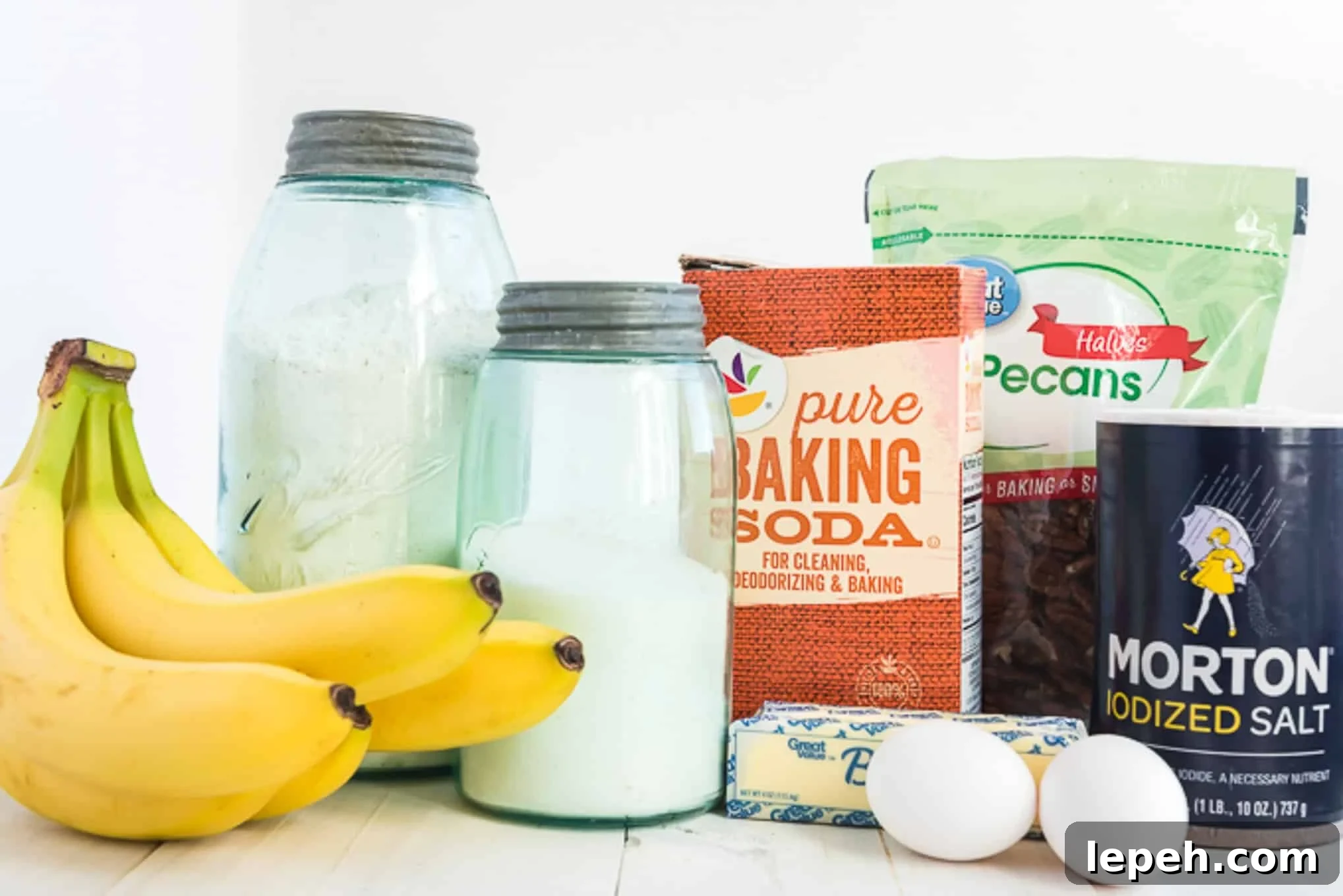 Ingredients needed for banana nut bread.