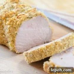 Rosemary Bread Crumb Roasted Pork Loin Sliced