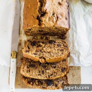 Sliced pear, date and walnut bread.