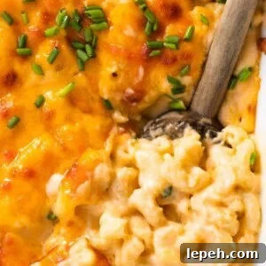 Spoon serving up homemade baked macaroni and cheese.