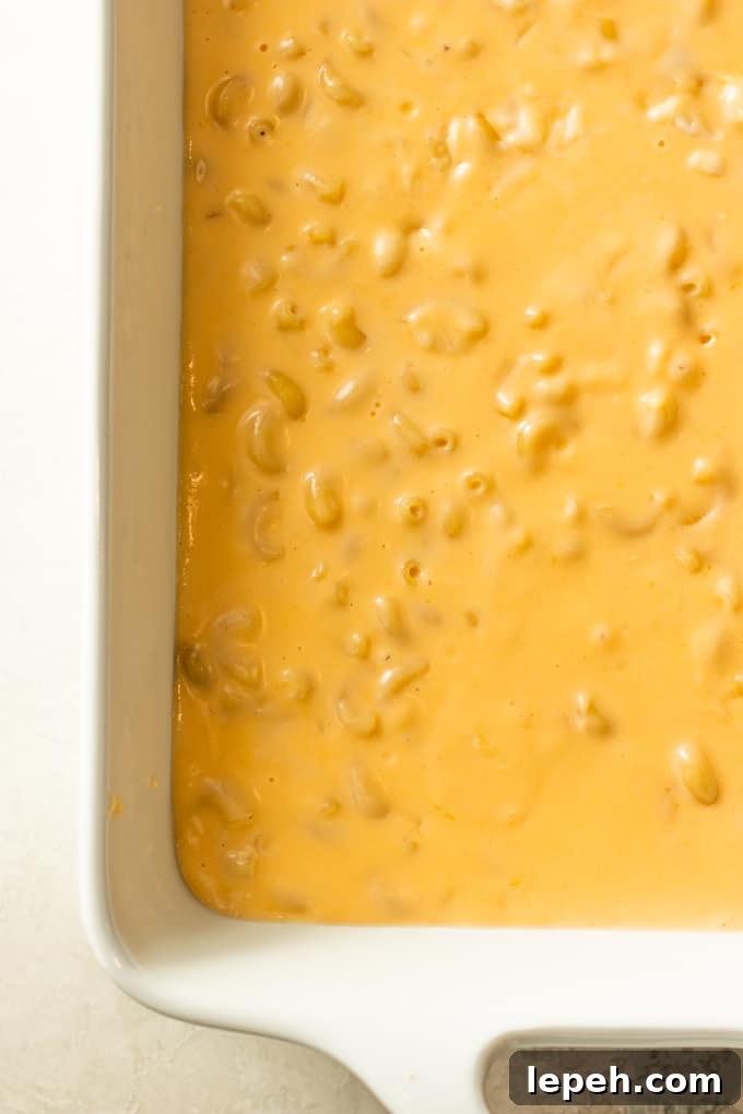 Macaroni and cheese added to a baking dish, showing the extra sauce consistency needed for baking macaroni and cheese.