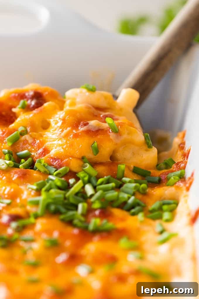 Wooden spoon digging into homemade macaroni and cheese scooping up noodles with crispy cheese topping all garnished with chopped chives.