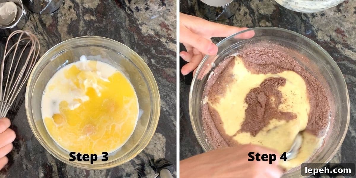 Photos of making mixing the wet ingredients and then adding them to the dry ingredients.