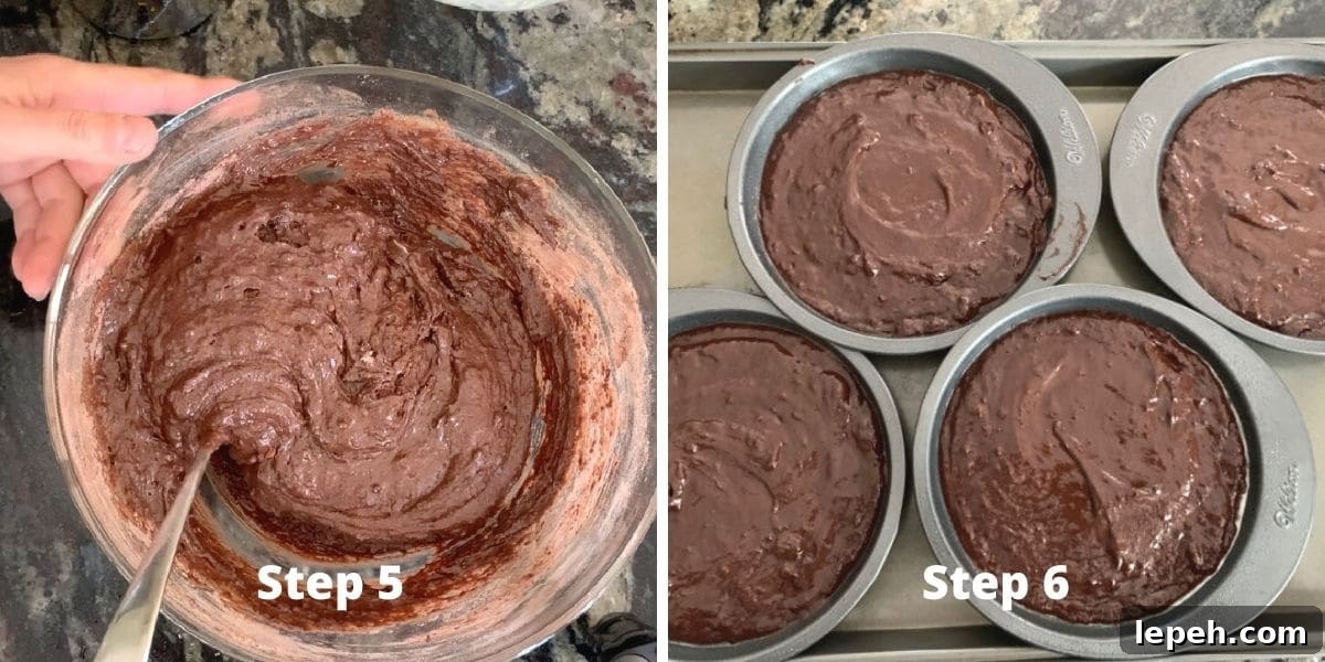 Photos showing the texture of the cake batter, and the cake batter in the mini cake pans.