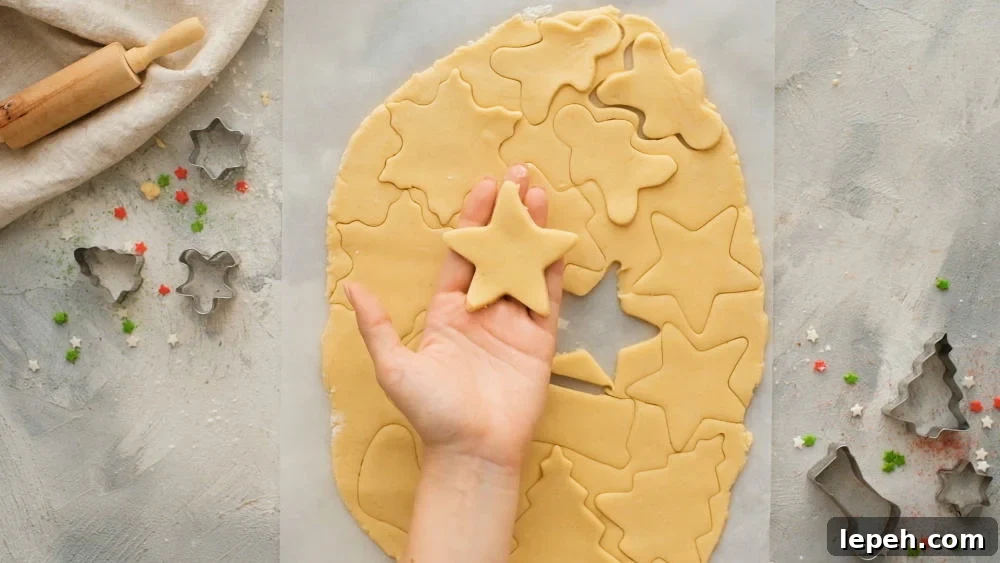 Shapes cut out of sugar cookie dough. 