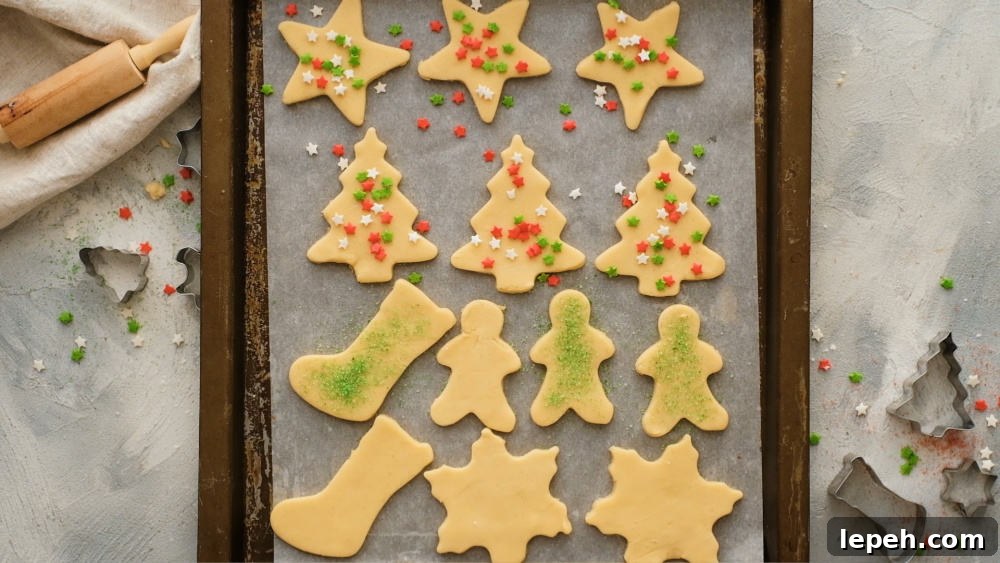 Sugar cookies being decorated with sprinkles ready to bake.