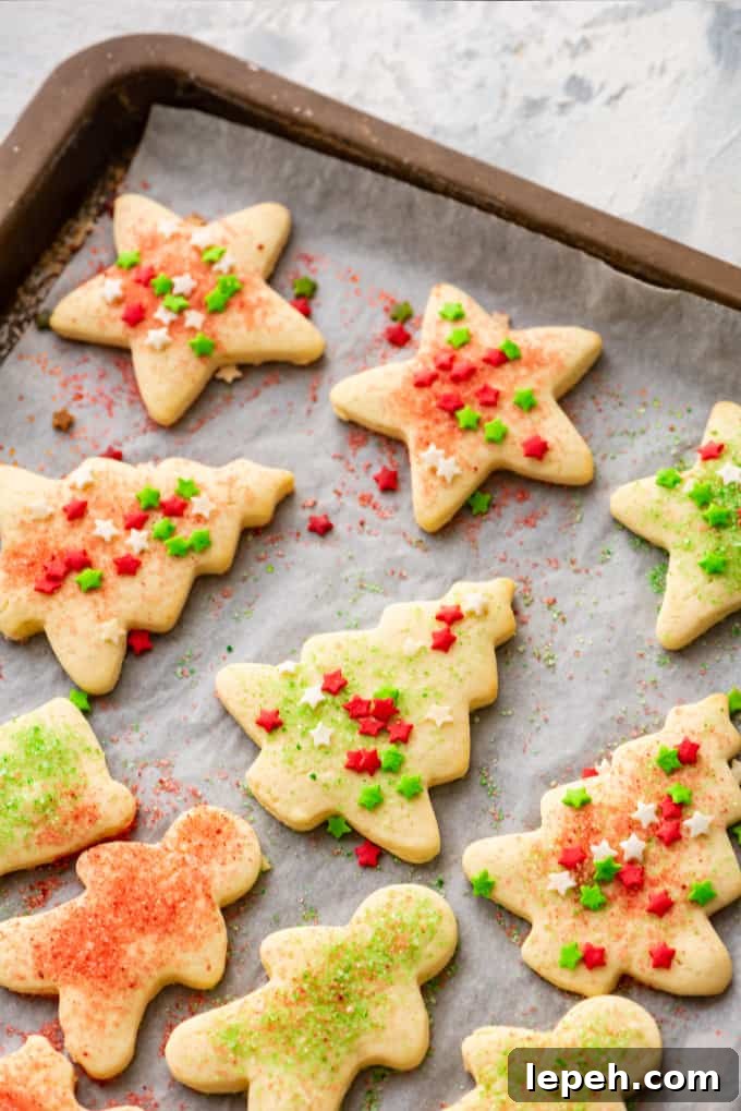 Cut out sugar cookies decorated with sprinkles, on a baking sheet.