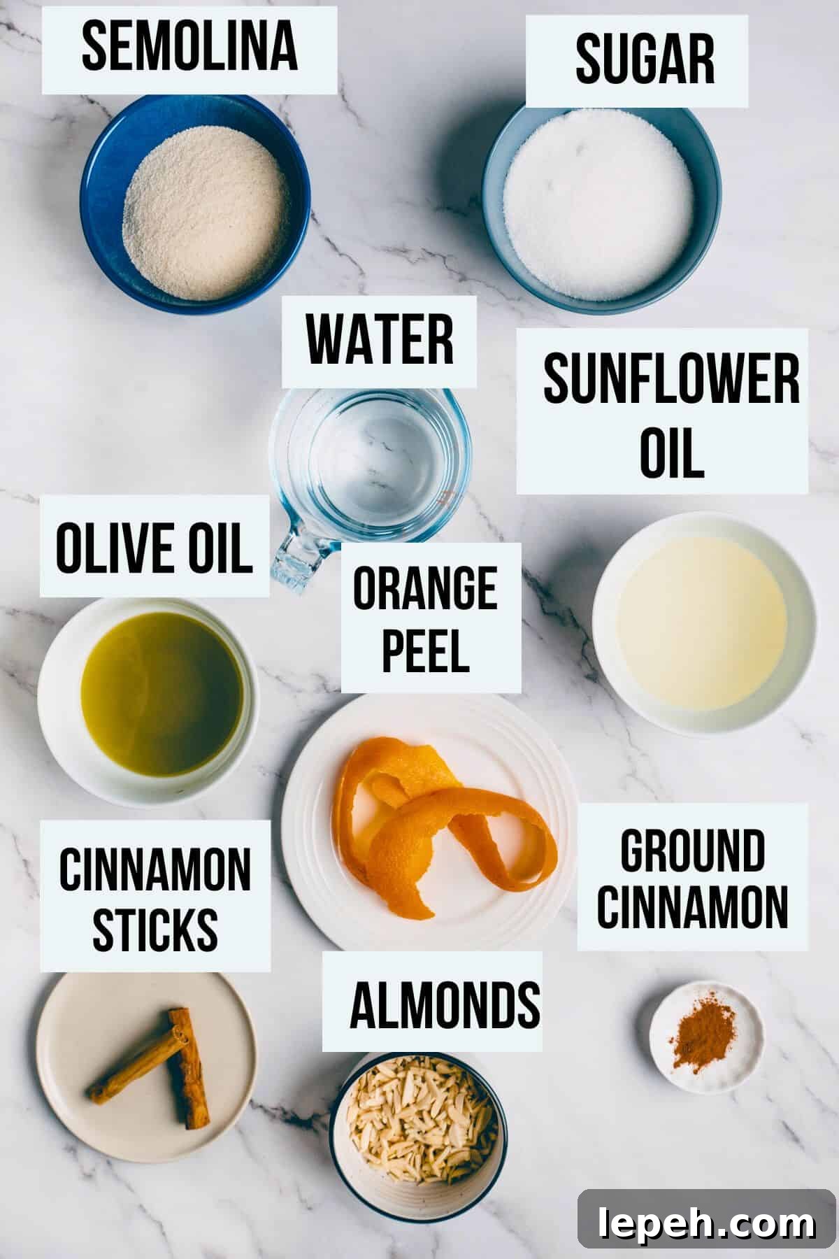ingredients to make Greek halva on a white marble table.