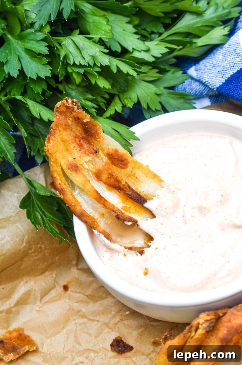 a close up of bloomin onion petals resting on the edge of a bowl filled with dipping sauce