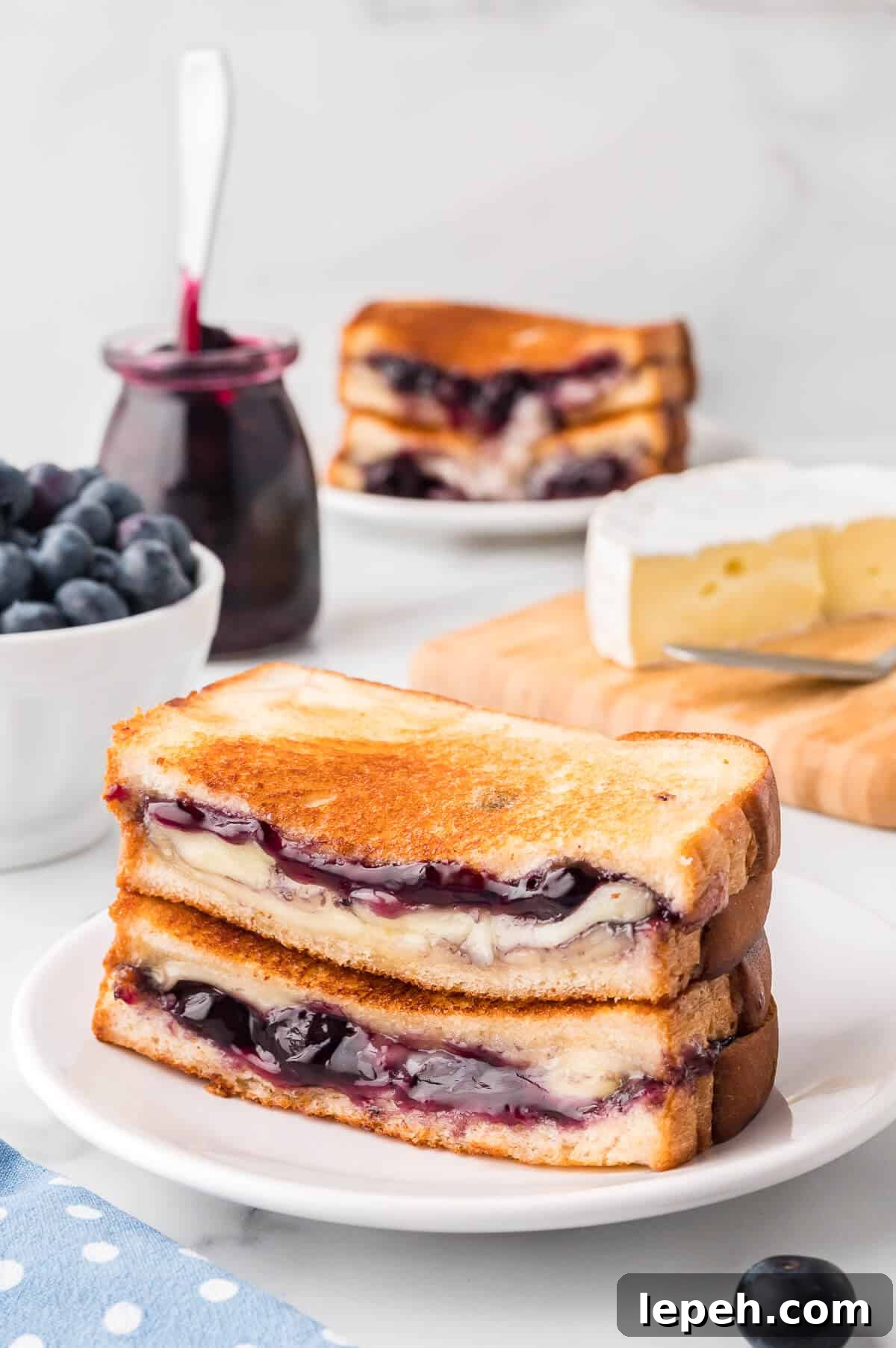 A blueberry brie grilled cheese sandwich on a plate.