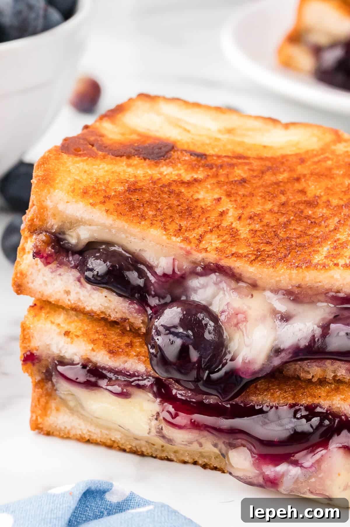 A blueberry brie grilled cheese on a plate.