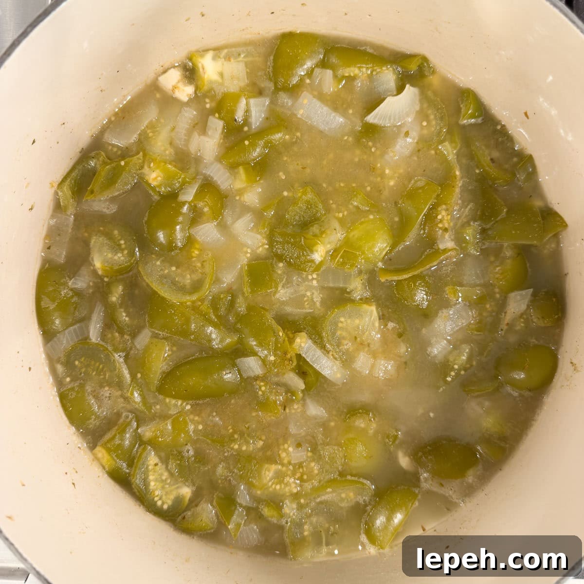 Cooked green enchilada sauce ready to be pureed. 