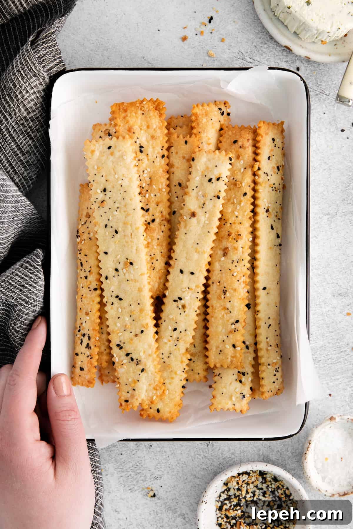 cheese crackers in dish.