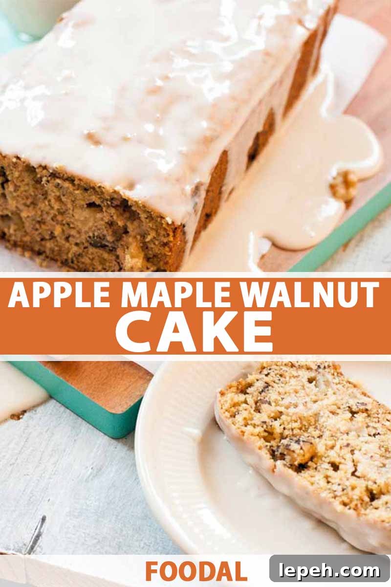 A slice of cake is on the plate with the remainder of the loaf-shaped baked good on a serving tray in the background, with a sugar glaze on top, printed with orange and white text.
