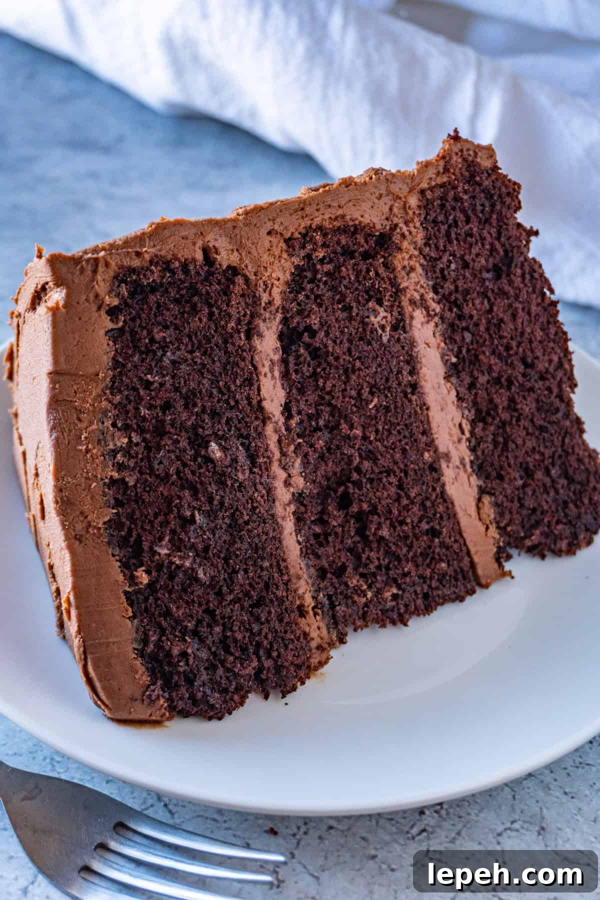 frosted chocolate cake slice with 3 layers on a white plate.