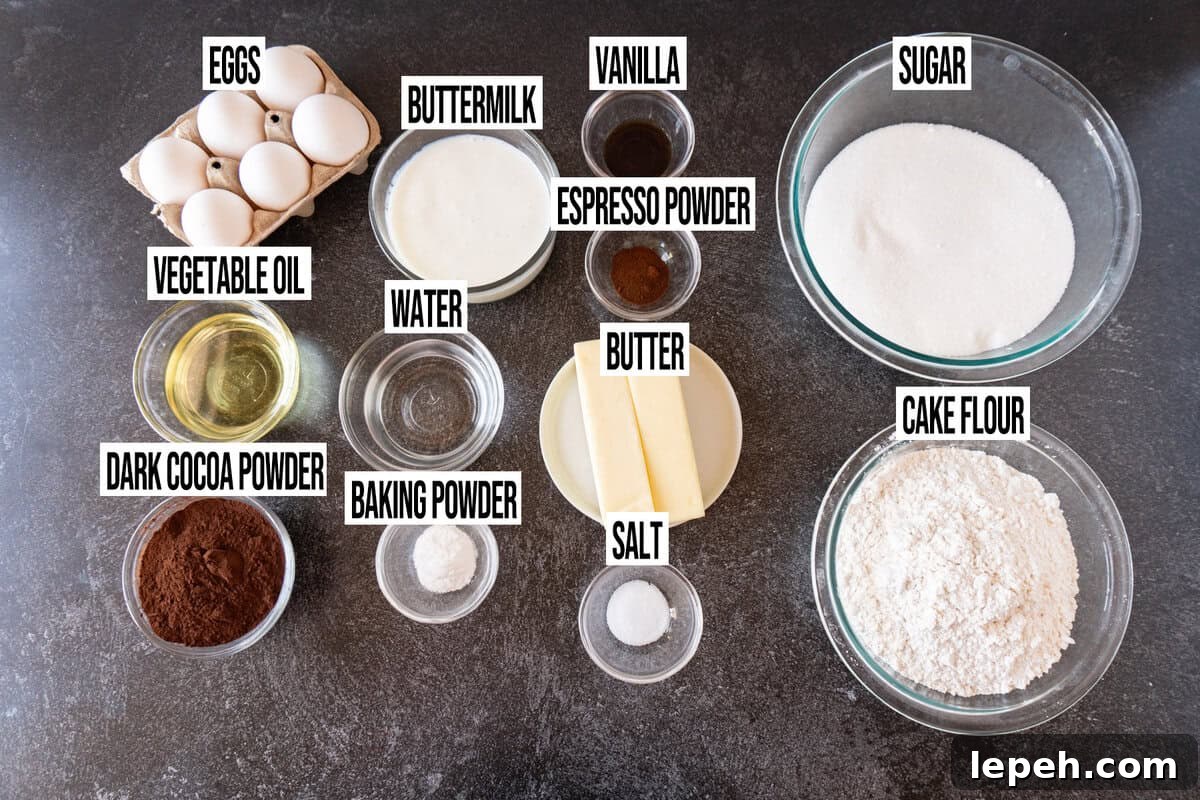buttermilk chocolate cake ingredients are in individual bowls and labeled.