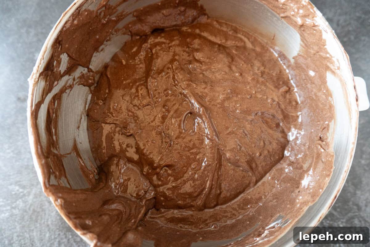 cake batter folded together with the chocolate mixture and flour mixture in a metal bowl.