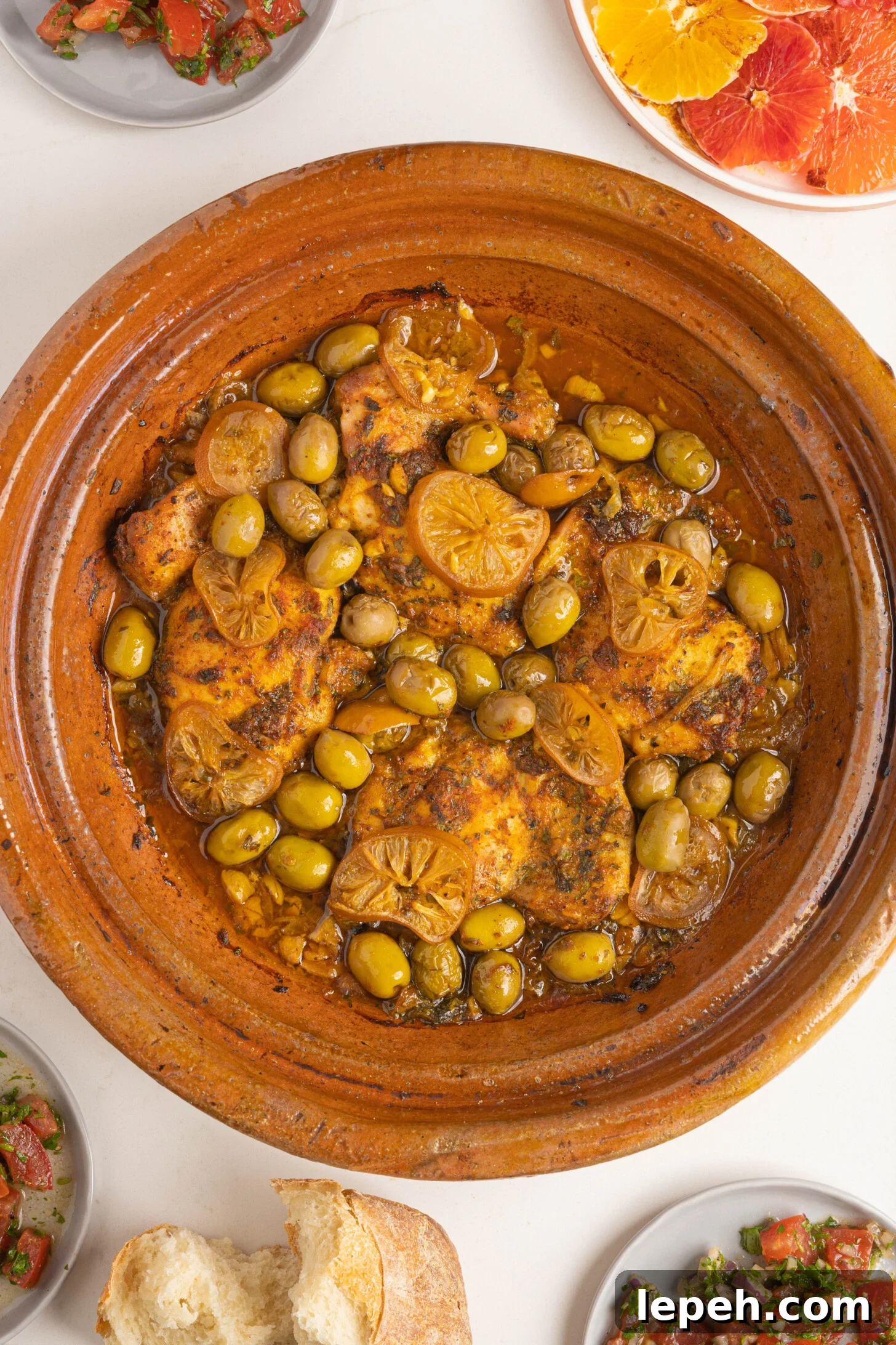 a chicken tagine and salads on a white counter