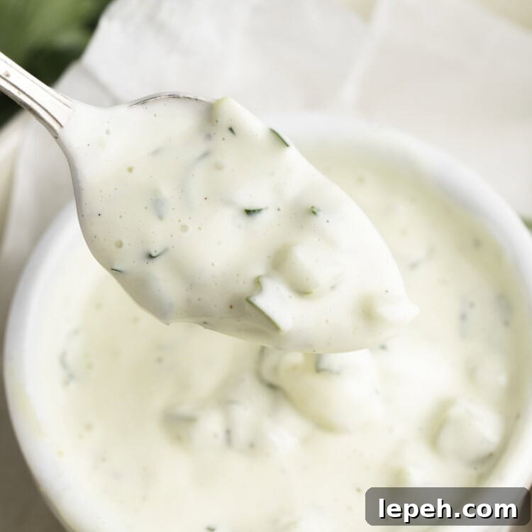 Vegan tartar sauce being lifted out of a small white ramekin on a silver spoon.