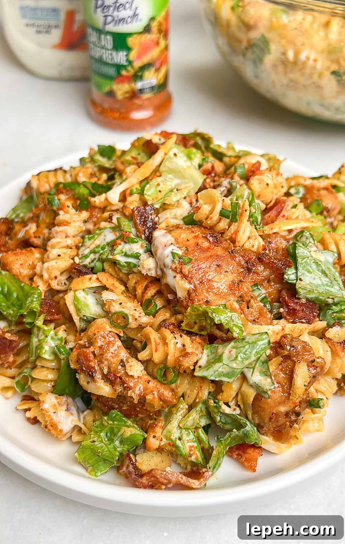 A plate of chicken bacon ranch pasta salad
