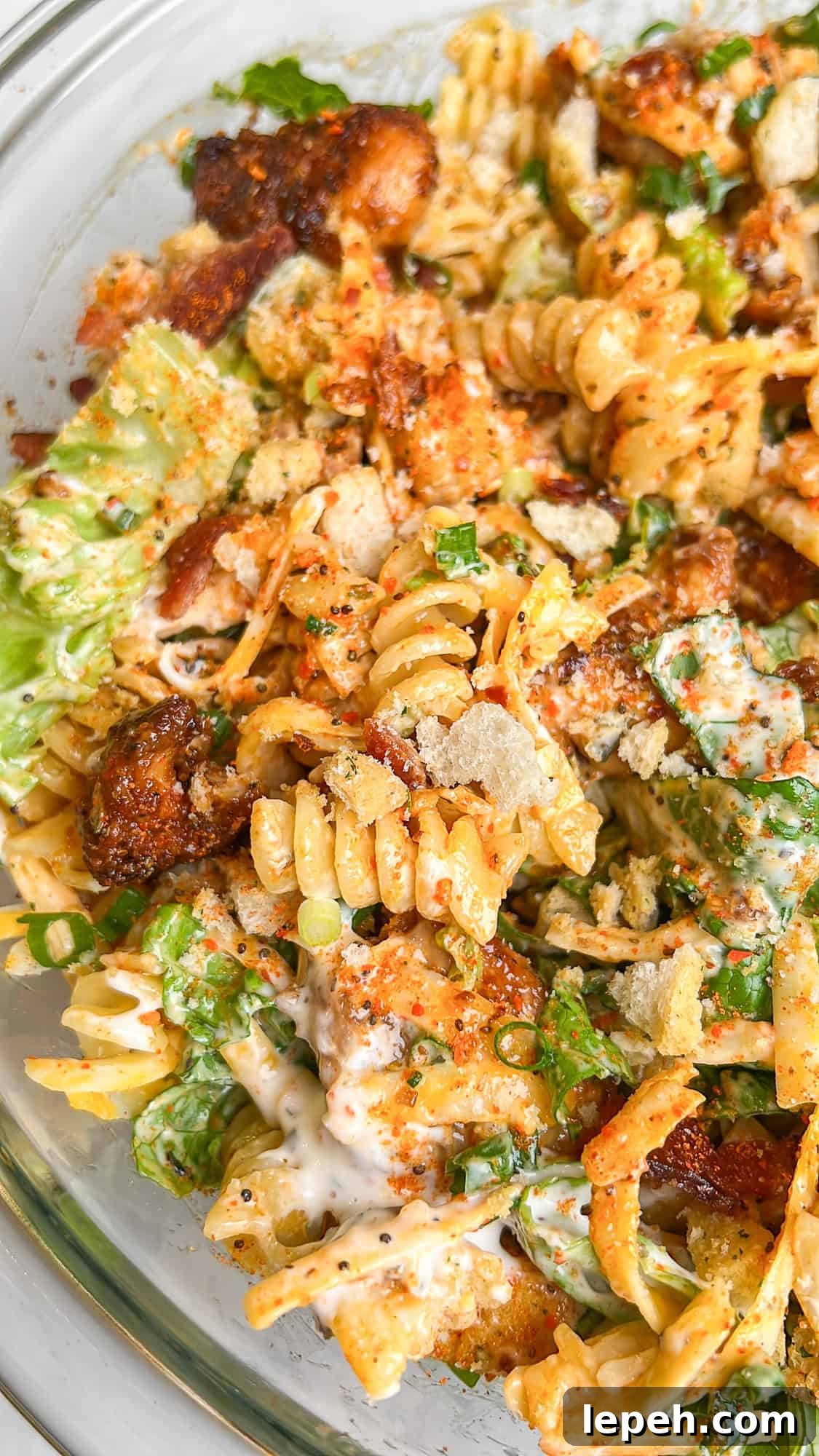 A bowl of chicken bacon ranch pasta salad