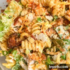 Close up of chicken bacon ranch pasta salad