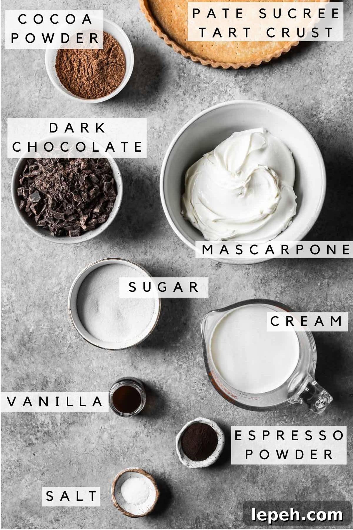 Labeled ingredients in bowls for a chocolate coffee mascarpone tart.