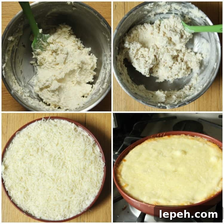 Chicken Alfredo Dip in bowl, before being baked, and after baked