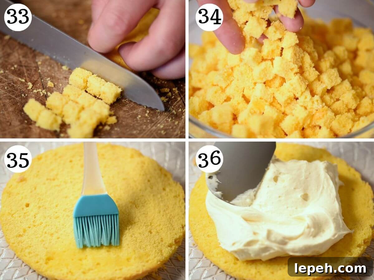 Four photos in a collage showing how to fill and assemble a mimosa cake.