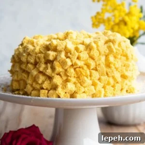 A close up cropped image of a mimosa cake on a cake stand.