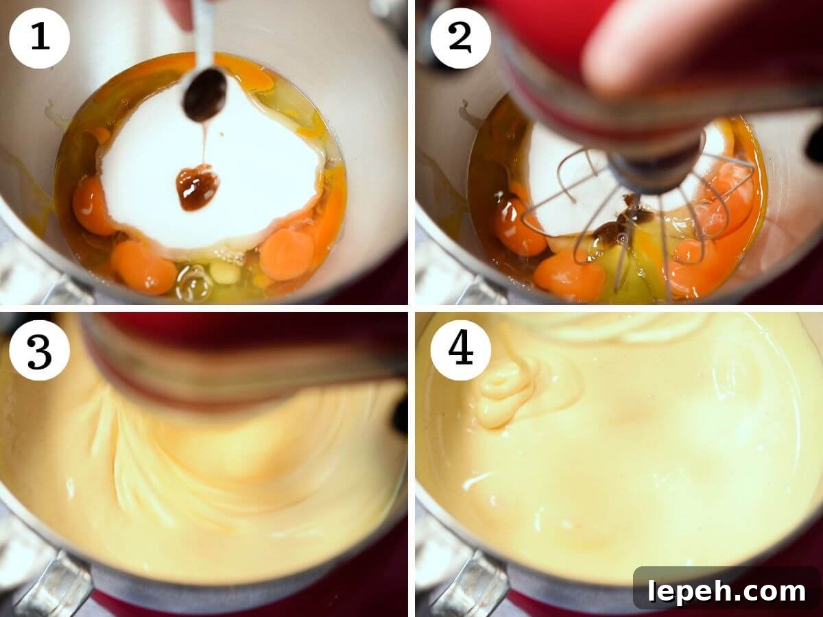 Four photos in a collage showing how to whip eggs, vanilla, salt and sugar in a stand mixer.