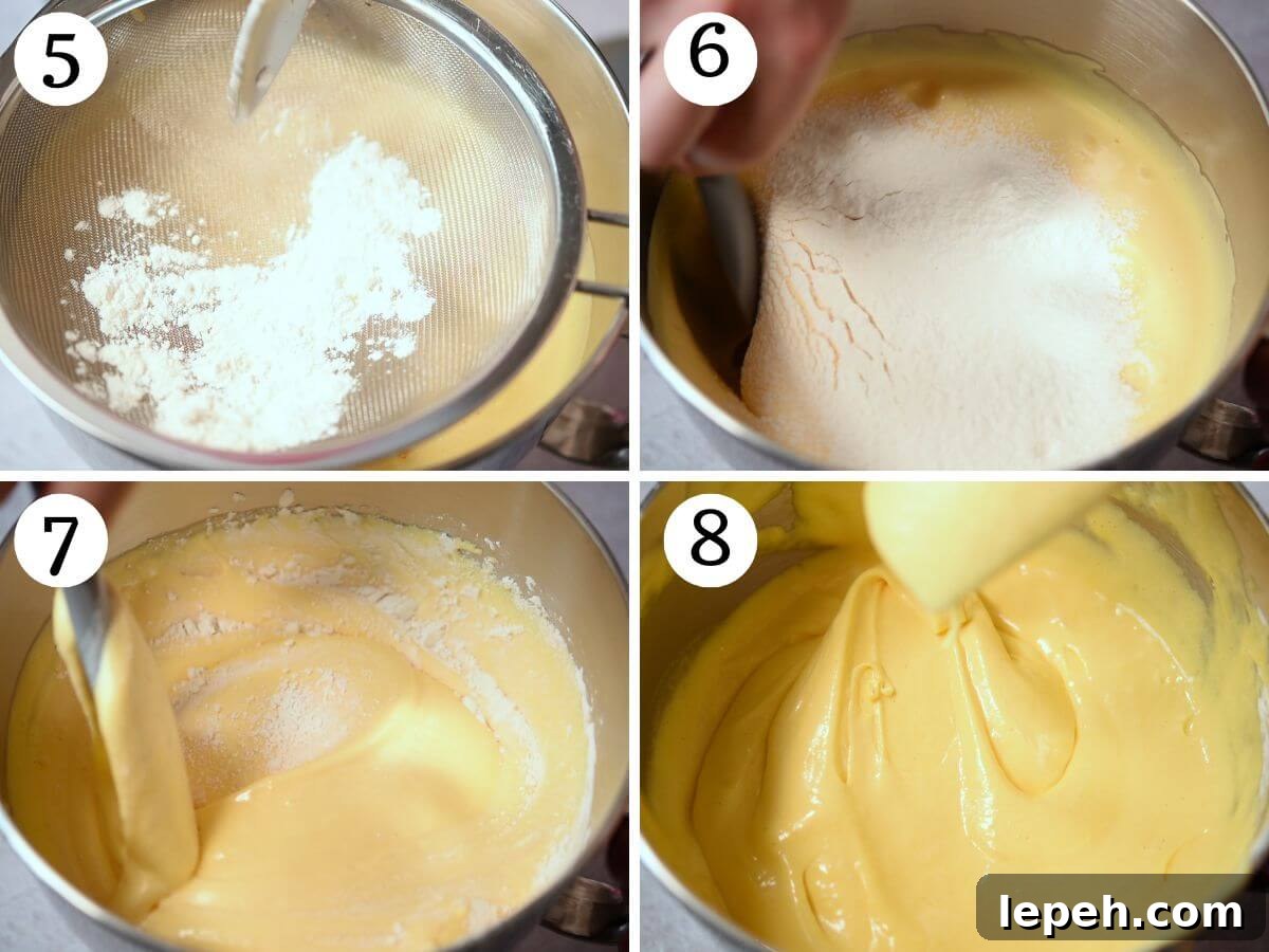 Four photos in a collage showing how to fold in flour to cake batter.