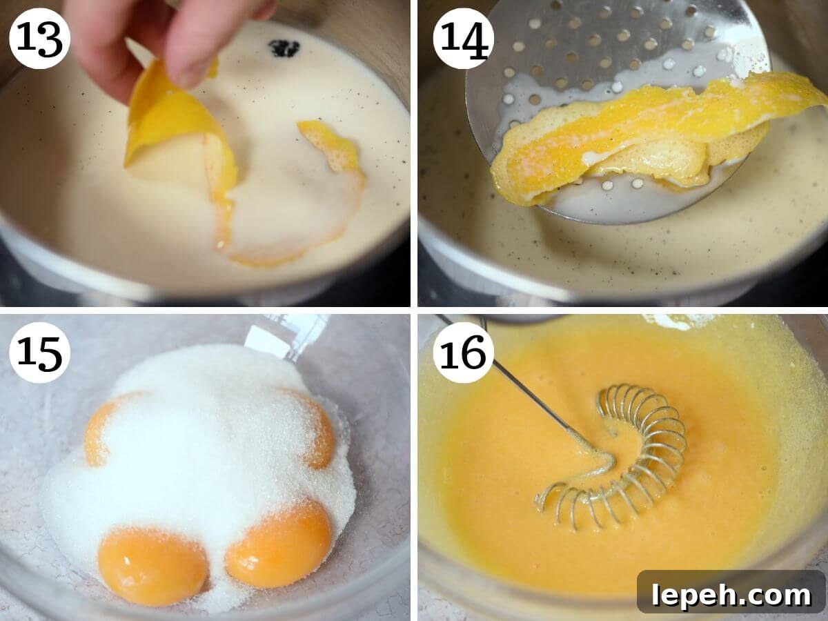 Four photos in a collage showing how to make pastry cream.