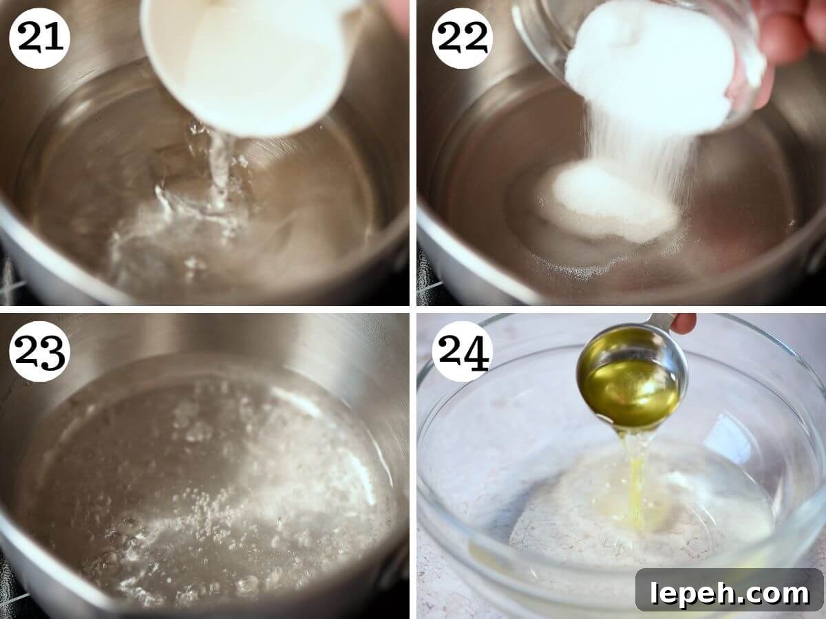 Four photos in a collage showing how to make sugar water.