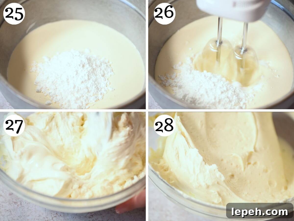 Four photos in a collage showing how to make Chantilly cream with pastry cream folded in.