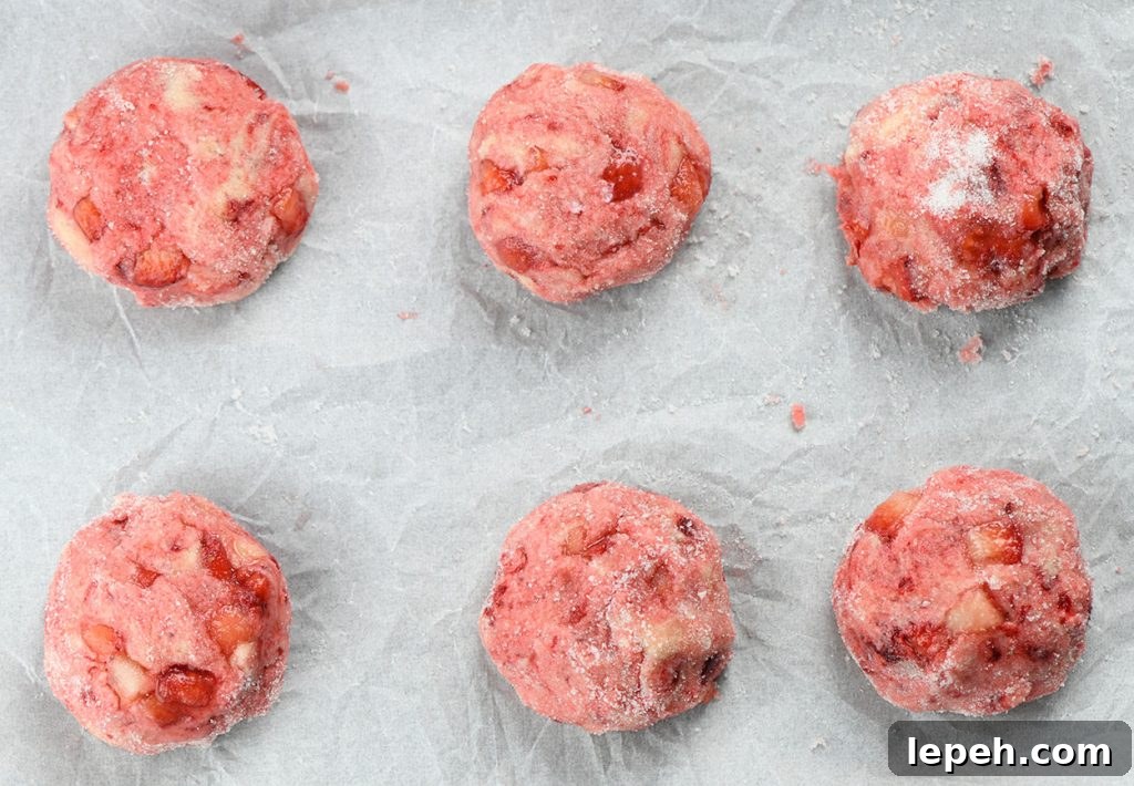 Six balls of strawberry cheesecake cookie dough coated in sugar, arranged on a parchment-lined baking sheet, ready to be baked.